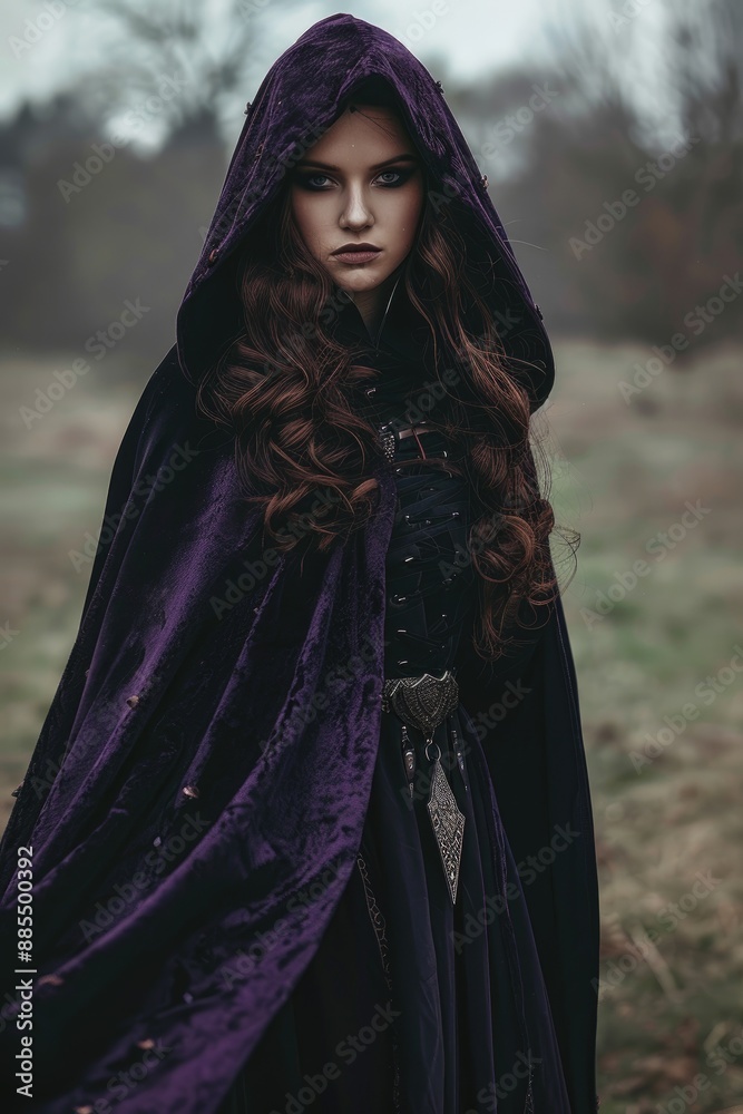 Full-body shot of a man in a fantasy hooded cloak. Full-body shot of a man in a fantasy hooded cloak.