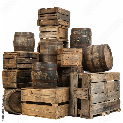 A stack of wooden crates and barrels forming an improvised barricade, isolated on white background