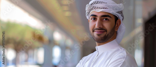 A man in traditional attire stands confidently in a modern, sunlit corridor, his expression reflecting warmth and pride.