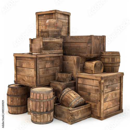 A stack of wooden crates and barrels forming an improvised barricade, isolated on white background
