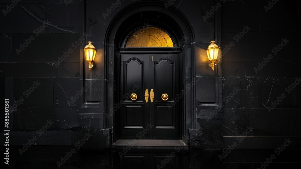 Mystery black door with ornate gold handle. Mystery black door with ornate gold handle.