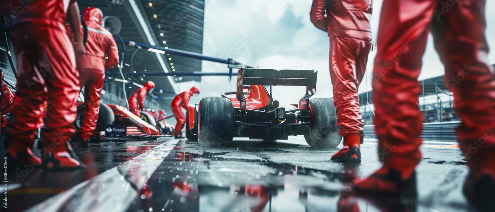 Obraz premium A dynamic pit stop scene with a racing car surrounded by a team in red uniforms, readying the vehicle in preparation for the next lap.