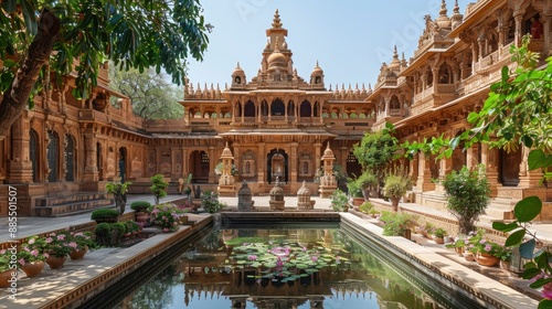 The serene beauty of a traditional Indian temple courtyard, with intricate carvings, peaceful surroundings, and the devotion of the local community