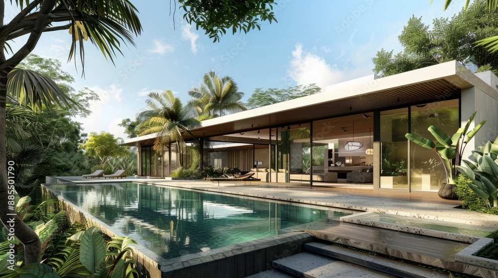 A modern tropical villa with an integrated swimming pool and sleek design provides a peaceful haven. A modern tropical villa with an integrated swimming pool and sleek design provides a peaceful haven.