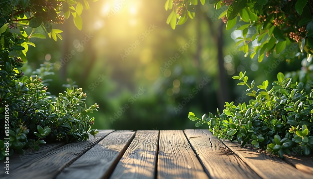 Mockup, minimalistic wall, wooden podium, natural pedestal against the background of a sunny forest Mockup, minimalistic wall, wooden podium, natural pedestal against the background of a sunny forest