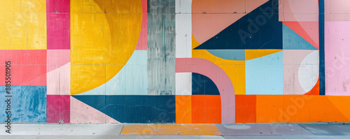 Modern art mural wallpaper background featuring bold color blocks and geometric shapes in a vibrant palette, creating a playful and dynamic composition. photo