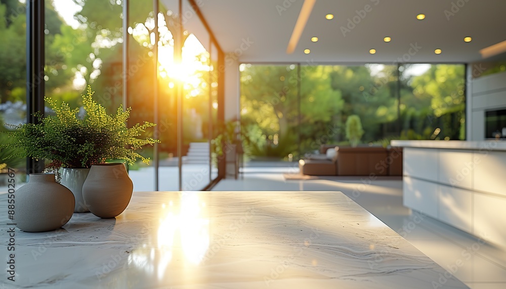 Fototapeta premium Kitchen table on the background of a modern bright kitchen with a large panoramic window with plants, a mockup for product presentation