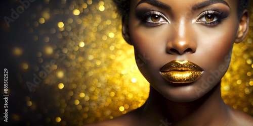 Beautiful woman with glossy gold lips and earrings, close-up, fashion model.