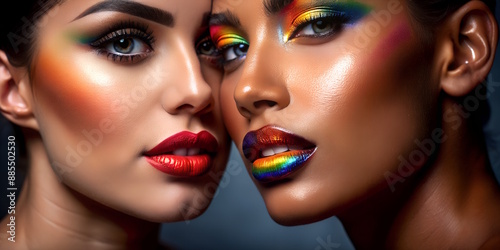 Vibrant LGBT Pride Makeup Close-up with Rainbow design, Young woman with rainbow makeup representing lgbt pride and diversity