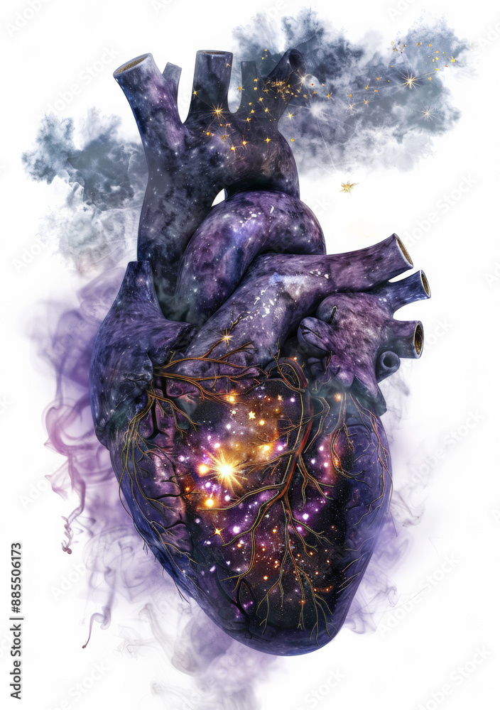 An anatomical heart containing a universe within, stars and nebulas, white flat background An anatomical heart containing a universe within, stars and nebulas, white flat background