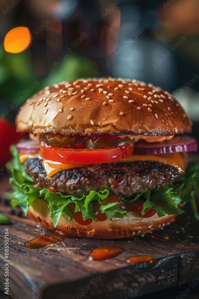 Closeup of a burger with crisp lettuce, tomato, cheese, created using Generative AI, vibrant and mouthwatering, fast food background, soft lighting, shallow depth of field Closeup of a burger with crisp lettuce, tomato, cheese, created using Generative AI, vibrant and mouthwatering, fast food background, soft lighting, shallow depth of field