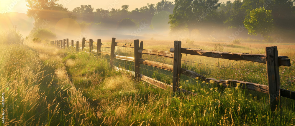 Fototapeta premium A serene country morning with mist lifting from a sunlit field, bordered by a rustic wooden fence.