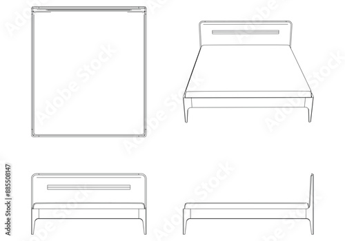 Vector Line Art of Bed. Interior Design and Bedroom Decoration Concepts with Front, Side, and Top Views
