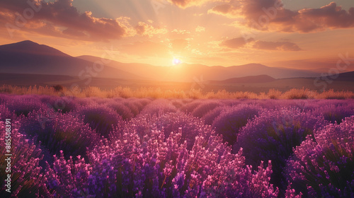 Beautiful Lavender Field at Sunset with Purple Hues and Soft Light