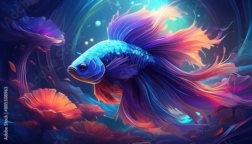 Illustrate a cute betta fish with flowing, colorful fins, swimming gracefully  photo