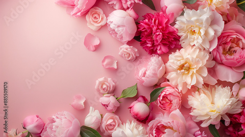 pink rose and peony flowers on pink background with copy space