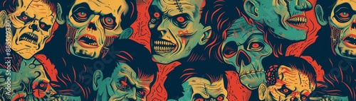 Creepy Retro Horror Movie Monster Repeating Pattern - Vintage Digital Illustration of Classic Creatures