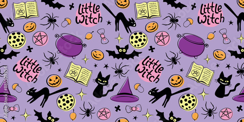 Halloween seamless pattern with good little witch symbols - cats, magic book, witch hat, pentagram and cauldron. Power girls theme. Cute holiday kids decor