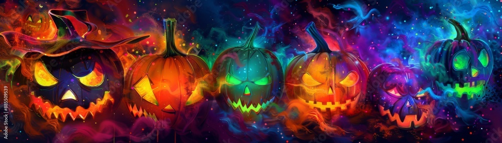 Eerie Psychedelic Ghost Faces and Jack-O'-Lanterns: Vibrant Digital Art Eerie Psychedelic Ghost Faces and Jack-O'-Lanterns: Vibrant Digital Art