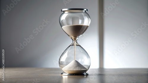 Elegant modern hourglass adorned with precise facets filled with light gray sand sits solitary on a pristine white table against soft background.