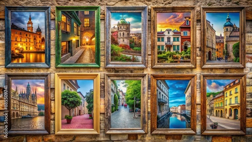 Vibrant urban landscape photograph collage showcased in ten distinctive ornate frames against worn, ancient city street backdrop, bursting with color.