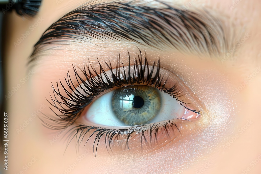 Obraz premium Detailed shot of woman s eyelashes being coated with mascara, precise application, beauty product focus