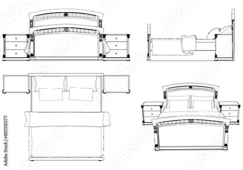 Vector Line Art of Bed. Interior Design and Bedroom Decoration Concepts with Front, Side, and Top Views