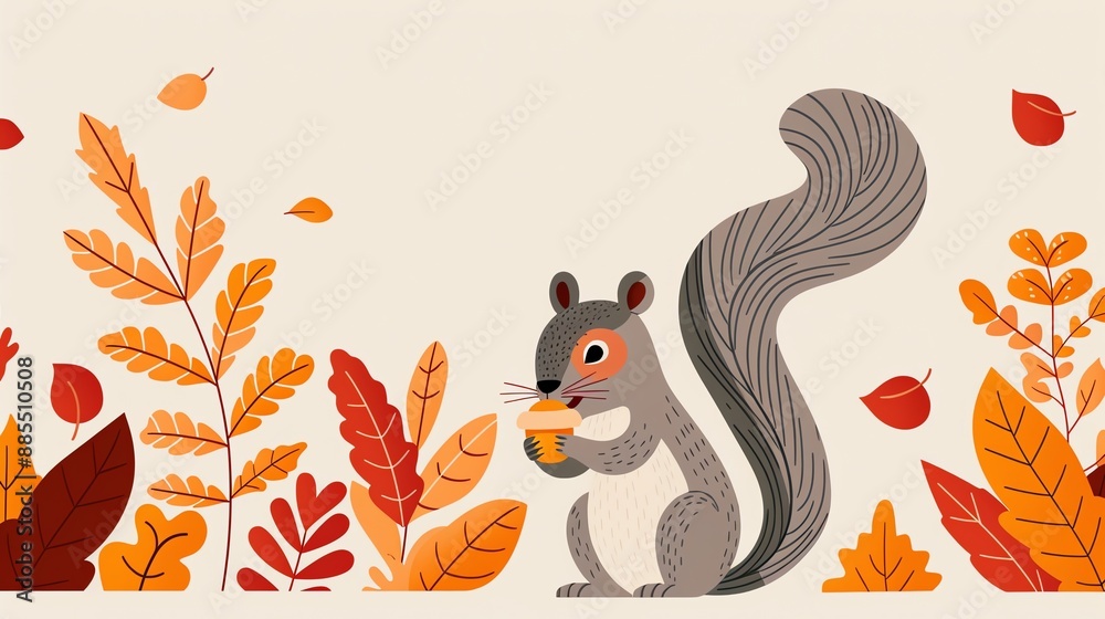 Whimsical autumn illustration featuring a cute squirrel holding an acorn surrounded by vibrant fall leaves on a light background. Whimsical autumn illustration featuring a cute squirrel holding an acorn surrounded by vibrant fall leaves on a light background.