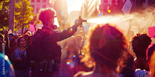 Pepper Spray Spraying the Crowd: A police officer spraying pepper spray into the faces of protesters.