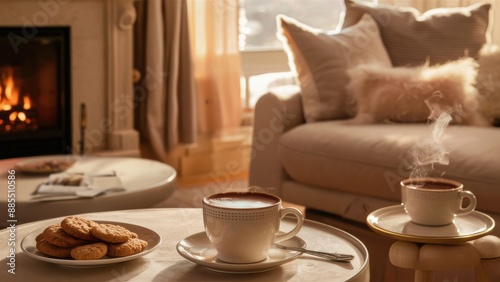 A living room with a couch, coffee table and cookies on the tray, AI
