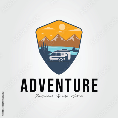 camping with caravan car or camper van logo vector illustration design
