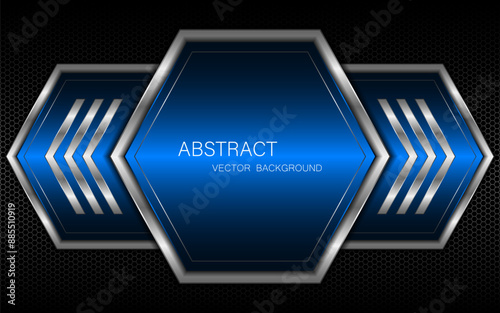 Abstract blue and silver polygons on dark steel mesh background. with free space for design. modern technology innovation concept background