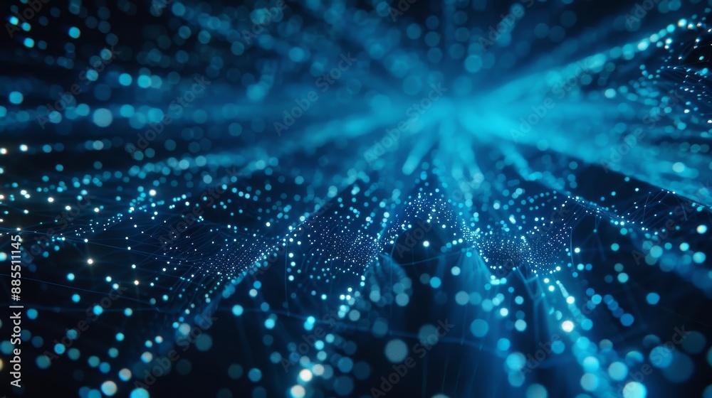 line-based visualization: Dark blue background, Complex lighttrajectories, Manifest the Al era, Glowing linesParticles, sparkle,ray tracing, speed lines,vignetting,panorama,glow on translucent backgro line-based visualization: Dark blue background, Complex lighttrajectories, Manifest the Al era, Glowing linesParticles, sparkle,ray tracing, speed lines,vignetting,panorama,glow on translucent backgro