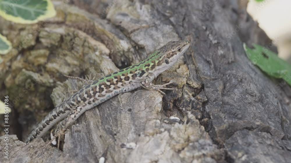 Italian wall lizard (Podarcis siculus) out from wood trunk hollow Italian wall lizard (Podarcis siculus) out from wood trunk hollow