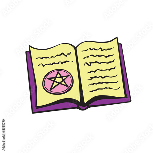 Magic spell book in doodle style. Witch open book with esoteric magical symbols. Vector color illustration.
