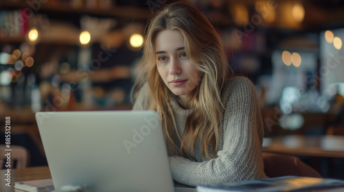 Tech-savvy woman in casual clothes working on a laptop