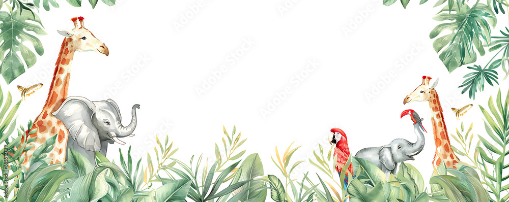 Fototapeta premium Jungle watercolor with frame with animals elephant, monkey and cockatoo, parrot and giraffe border background.