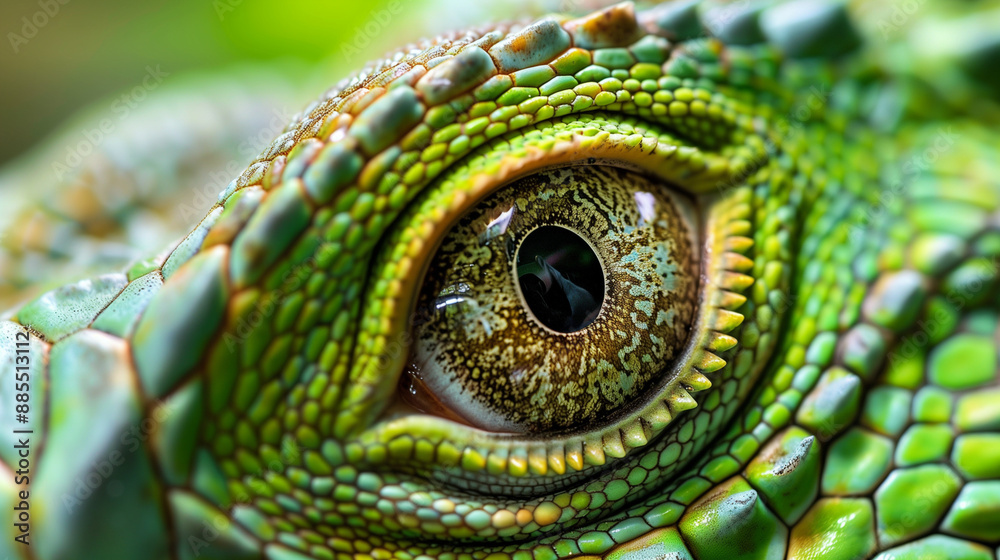 Fototapeta premium Close-up of green iguana eye, green lizard eye.