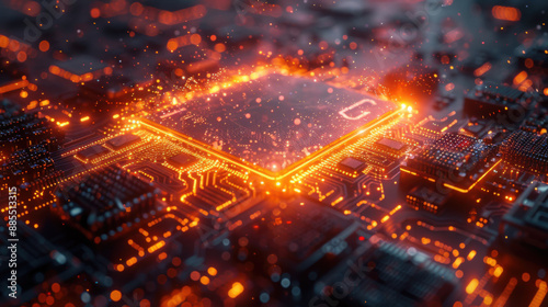 An illustration of a high-tech circuit board with glowing orange pathways, symbolizing advanced digital connectivity and innovation in technology © F