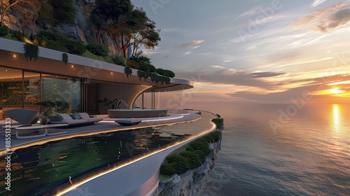 futuristic ecoluxe villa seamlessly integrated into cliff face invisible solar panels living walls and infinity pool merging with ocean horizon at golden hour photo