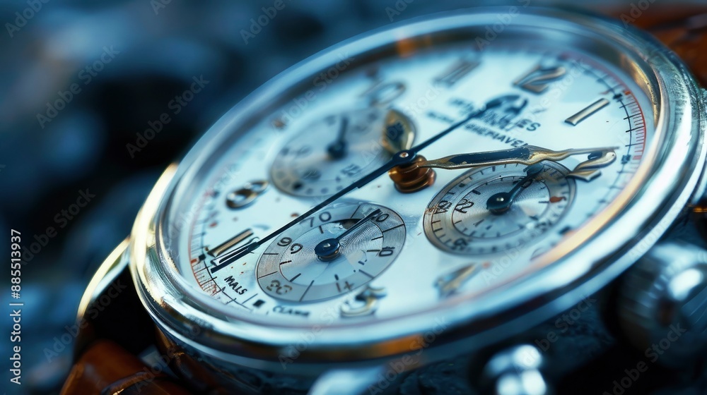 A close-up of a wristwatch with stock market symbols on the dial, symbolizing the constant flow of time and market activity.