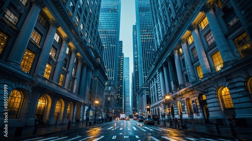A serene shot of a financial district at dawn, with the first light of day illuminating the buildings, symbolizing new opportunities.