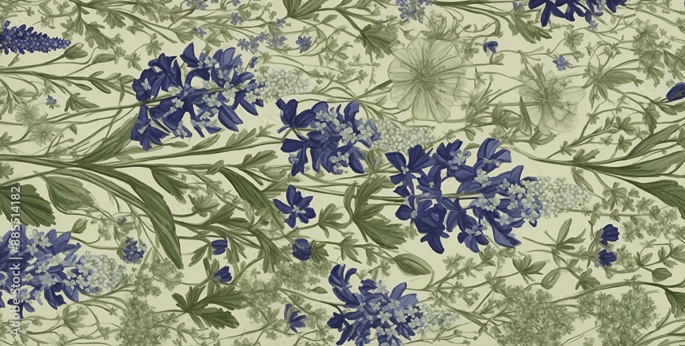 Intricate Floral Pattern with purple, green, and White Flowers on white Background for Wallpaper, Fabric, and Decorative Surfaces Intricate Floral Pattern with purple, green, and White Flowers on white Background for Wallpaper, Fabric, and Decorative Surfaces