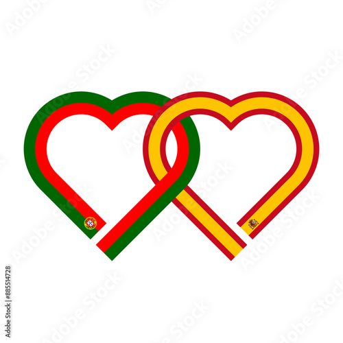 heart shaped ribbon of portugal and spain flags intertwined. vector illustration isolated on white background
