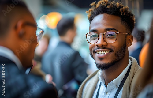 Confident young black man in business attire speaking at corporate event,