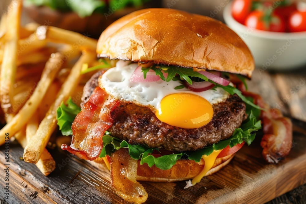 gourmet burger with juicy beef patty crispy bacon and fried egg served on rustic wooden table garnished with fresh vegetables and golden fries gourmet burger with juicy beef patty crispy bacon and fried egg served on rustic wooden table garnished with fresh vegetables and golden fries