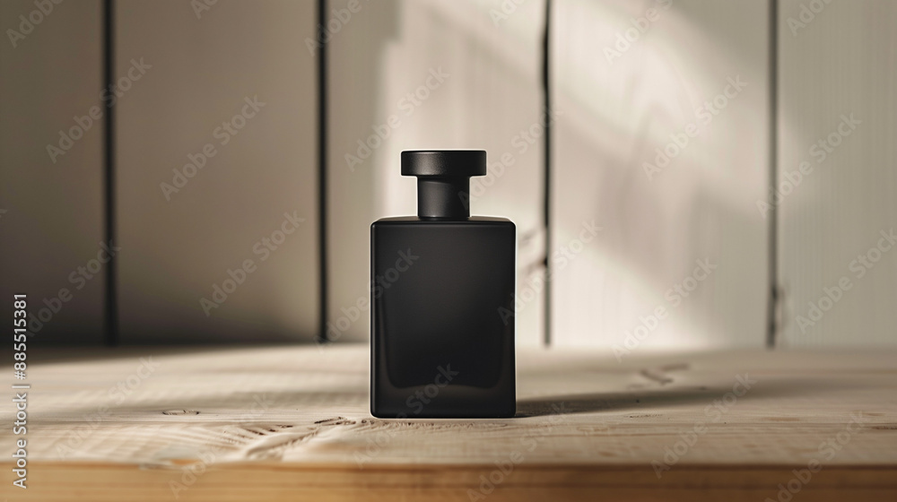 Fototapeta premium mock up of a square black perfume bottle, on a minimalist beige wooden table, Ai generated Images