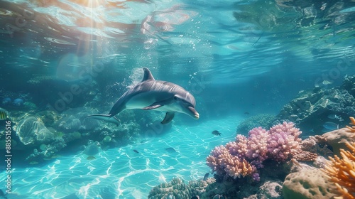 graceful dolphin leaping from crystalclear tropical waters sunlight sparkling on droplets vibrant underwater coral reef visible beneath surface capturing marine beauty and freedom