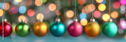 Multicolored Christmas balls hanging out of focus background with holiday lights vibrant and cheerful 