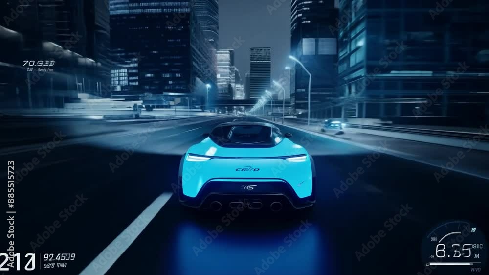 Concept of a blue neon electric automobile moving quickly in the dark Concept of a blue neon electric automobile moving quickly in the dark